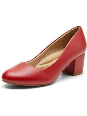 Women's Red Pu Chunky Block Heels Pumps Round Toe Non Slip Outsole Dressy Shoes